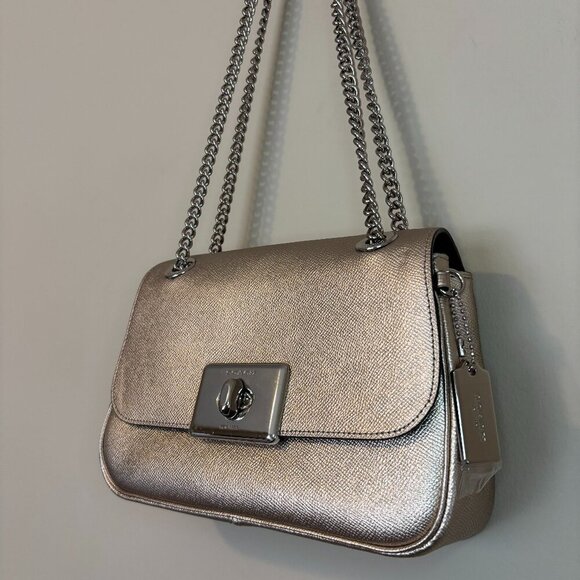 NWOT Coach Cassidy Crossbody Purse in Platinum Silver Metallic Leather - Picture 1 of 16